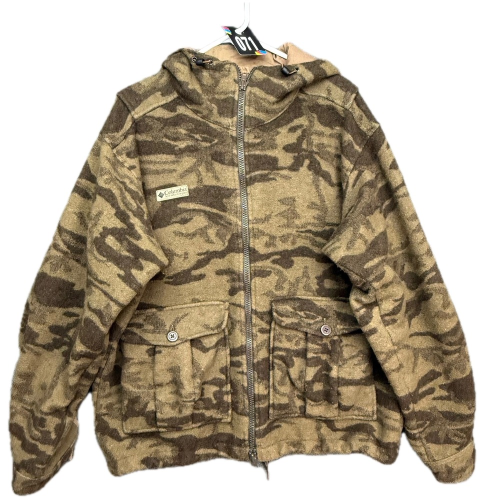Columbia Hooded Jacket Mens L Brown Camo Wool Blend Tiger Stripe Insulated Zip